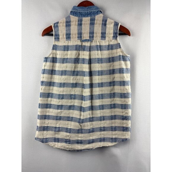 Purrfect By Krazi Kat Womens Medium Sleeveless Blue & White Plaid Button Down To - Picture 3 of 6